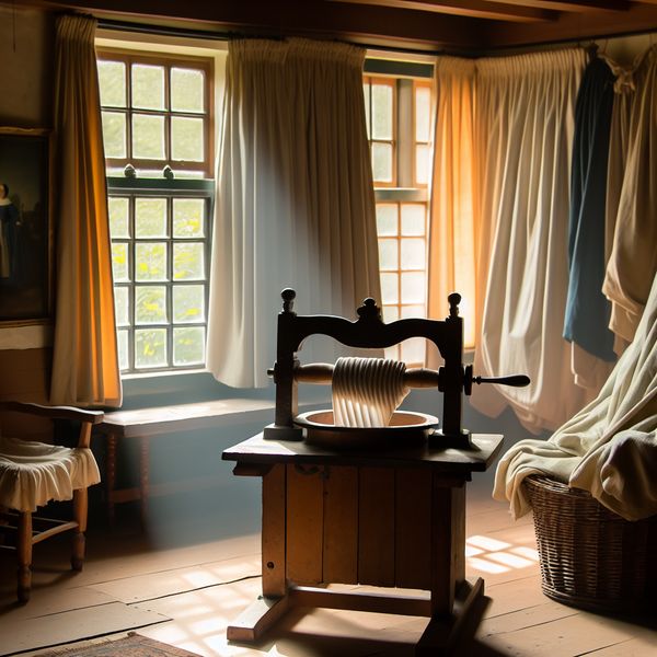 Mangel in een Traditioneel Nederlands Interieur met Vermeer Invloeden Traditionele Nederlandse interieur met een antique mangel, omringd door zonlicht en textiel
