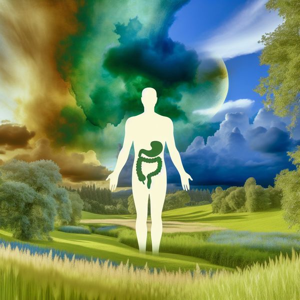 Stylized silhouette van een mannelijke anatomie in een groene veld onder een dramatische lucht