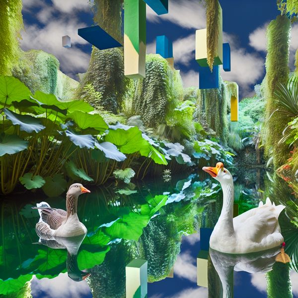 Mannelijke gans in serene omgeving Een mannelijke gans zwemt naast een vrouwelijke gans in een helder, sereen meer omgeven door weelderige natuur.