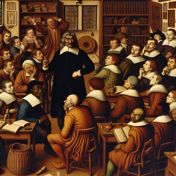 Mannelijke leraar geeft uitleg in klassikale setting - algemene verwijzing Levendige klaslokaalscène in de stijl van Jan Steen met een mannelijke leraar die geduldig uitleg geeft aan diverse studenten