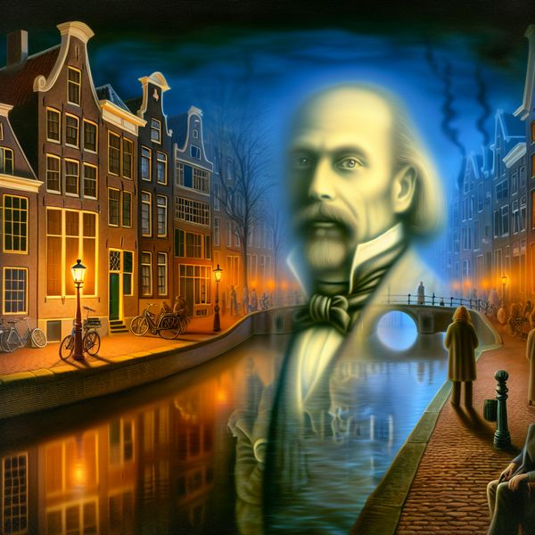 Mannelijke verwijzing in surrealistisch Amsterdamsch tafereel - Carel Willink stijl Hyperrealistisch schilderij van een man bij een Amsterdamse gracht met spookachtige verwijzing naar een eerdere scène, symboliserend een mannelijke referent in een verhaal