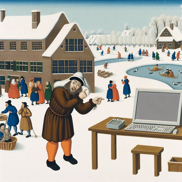 Winterse dorpsscène met een gefrustreerde persoon die naar een kapotte computer wijst, ter illustratie van een mannelijke verwijzing in de Nederlandse taal