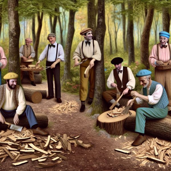 Mannen Verwijderen Schors in een Betoverend Bos Groep mannen in vintage kleding verwijdert de schors van een boom in een weelderig bos.