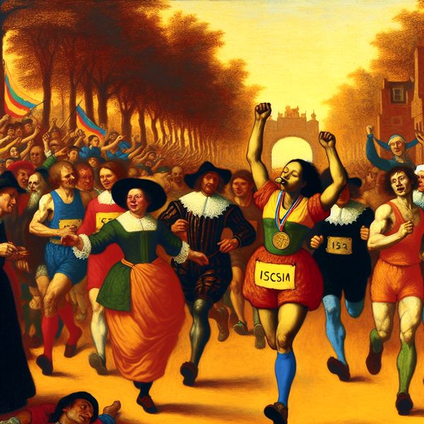 Marathon Finishlijn met Zevende Plaats Winnaar Een drukke marathon finishlijn met atleten en een winnaar op de zevende plaats met een medaille.