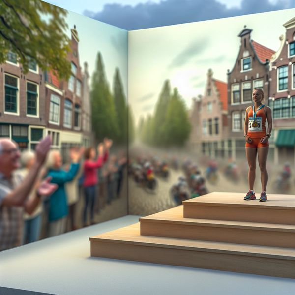 Marathon Podium in Historisch Europees Dorp vrouw op tweede plaats van marathon podium in historisch Europees dorpslandschap