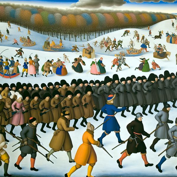Synchronized Marching Soldiers in Winter Scene Een groep marcherende soldaten in historische uniformen, die synchroon bewegen door een besneeuwd landschap met winterse activiteiten op de achtergrond.