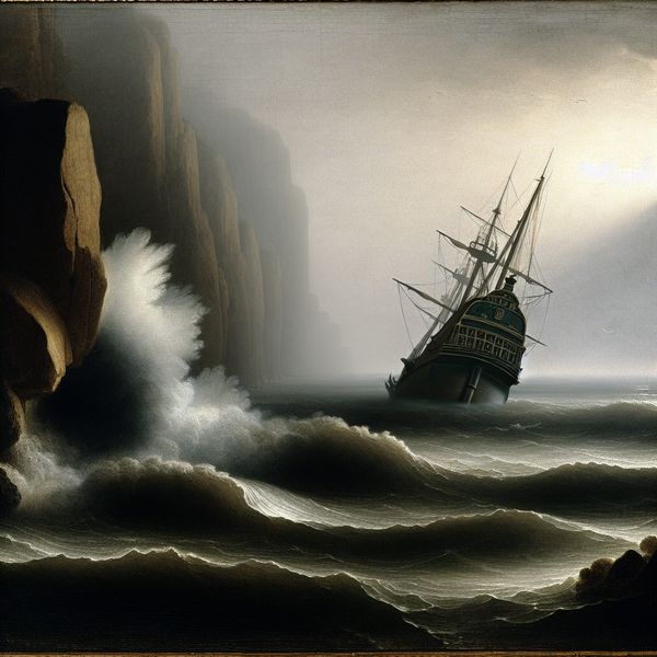 Maritiem ongeluk in mistig ochtendlandschap Een schip dat in de ochtend tegen een rotsklip botst, omringd door dikke mist en golven die tegen de romp crashes.
