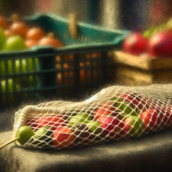 Serene Markt Scene met Klein Netje en Appels Een netje met kleine, kleurrijke appeltjes op een markt