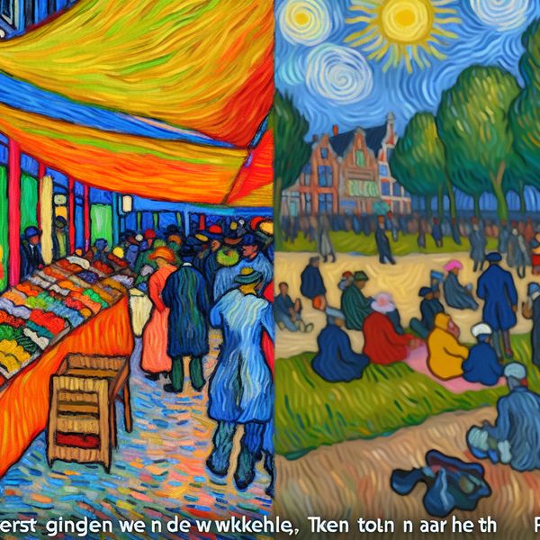 Marktscène en Park in Van Gogh-stijl voor Taal leren Een levendige marktscène met kleurrijke stalletjes en mensen die goederen kopen, tegen een achtergrond van een zonnig park met bomen en gezinnen die ontspannen.