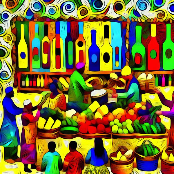 Kleurrijke Marktscene met Lokale Haspengouw Producten Vibrante marktscene met kleurrijke kraampjes die lokale producten uit Haspengouw tonen, waaronder wijn en ambachtelijke kaas.