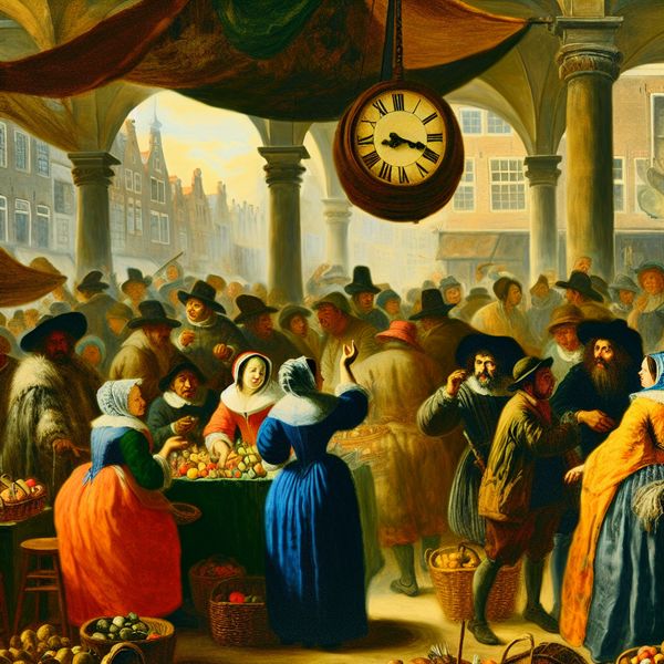 Marktscène: Onderhandelingen en Veranderlijkheid in de Deal Een levendige marktscène met handelaars en klanten die onderhandelen over goederen, symbool voor veranderlijke deals.