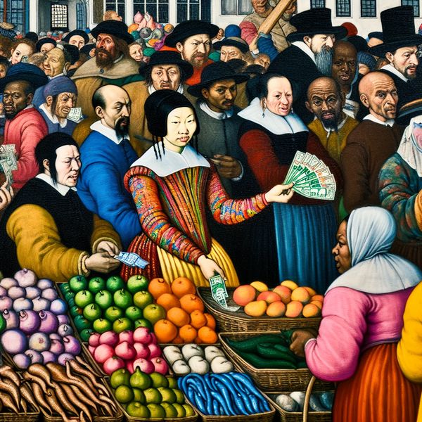 Levende marktscene met papiergeld en dagelijkse transacties Drukke marktscene met mensen die interactie hebben, met de focus op een persoon die een stapel kleurrijk papiergeld vasthoudt.