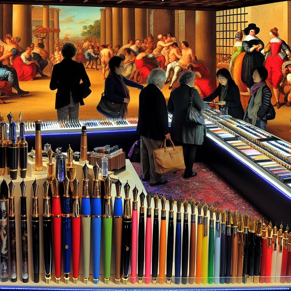 Luxueuze marktscène met verschillende soorten pennen Een levendige marktscène met verschillende soorten pennen, waaronder vulpennen, balpennen en markers, in een luxueuze setting.