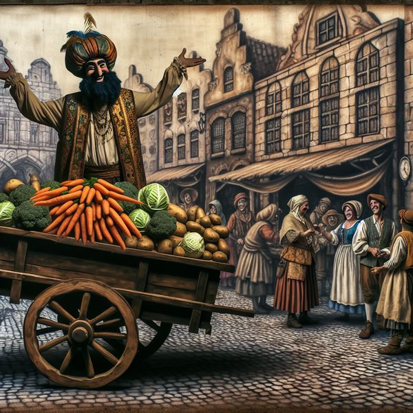 Marktverkoop groenten in bulk - nostalgische marktscène Anton Pieck stijl Vrolijke marktkoopman verkoopt grote hoeveelheden kleurrijke groenten aan klanten op een nostalgische markt uit het begin van de 20e eeuw