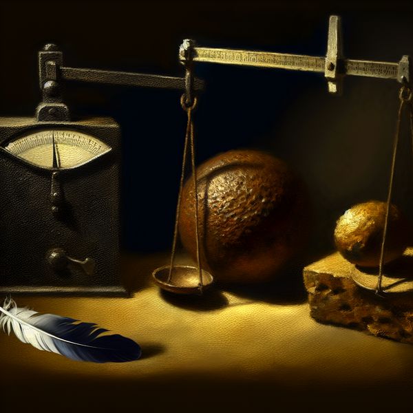Massa meten in natuurkunde met stilleven Stilleven van een zware gietijzeren bal, een lichte veer, en een set schalen die hun massa's meten, met dramatische belichting en schaduwen.