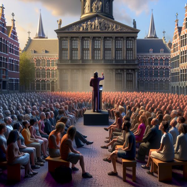 Aandachtige massa luistert naar charismaticus in stedelijk plein Een menigte van aandachtige mensen in een stedelijk plein, luisterend naar een spreker op een verhoogd platform