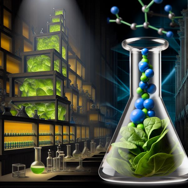 Hyperrealistisch surrealistisch laboratorium met een gloeiende beker waarin een groene groente met zichtbare voedingsstoffen zweeft, symboliserend materiaal en substanties in de wetenschap