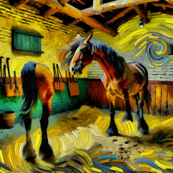 Een sterk en majestueus paard met een glanzende vacht staat trots in een rustieke stal, omgeven door houten balken en hooi.
