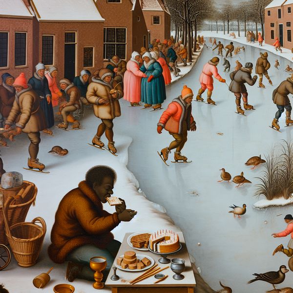 Historische wintertafereel met persoon die bescheiden een klein stukje taart eet terwijl een grote taart onaangeroerd op tafel staat, in de stijl van Hendrick Avercamp