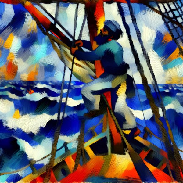 Matroos op scheepsmast tijdens storm - abstracte scheepvaartkunst Abstract expressionistische voorstelling van een matroos die een scheepsmast beklimt tijdens een storm op zee, met woeste golven en felle kleuren