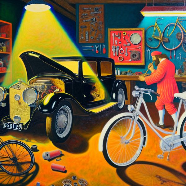 Mechanic in Workshop met Beschadigde Auto en Fietsen Een mechanic in een levendige werkplaats onderzoekt een beschadigde auto, omringd door verschillende fietsen in goede staat.