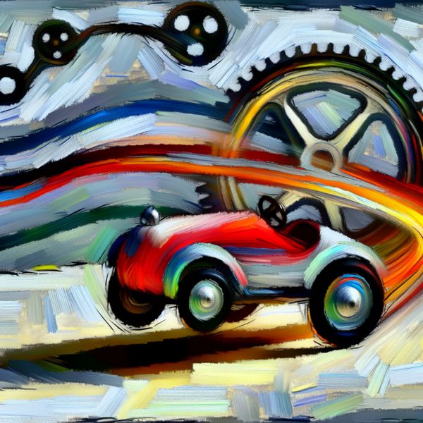 Abstracte afbeelding van een mechanische veer in een speelse speelgoedauto, met een nadruk op dynamische beweging en energie.