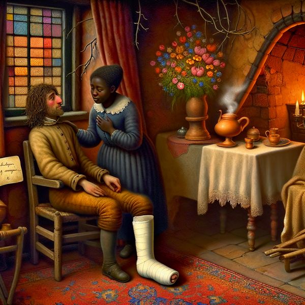 Medeleven tonen in een nostalgische setting met beterschapskaart en troostende gebaren Illustratie van een nostalgische kamer waar iemand troost biedt aan een persoon met een been in het gips, met een beterschapskaart en een kopje thee op tafel