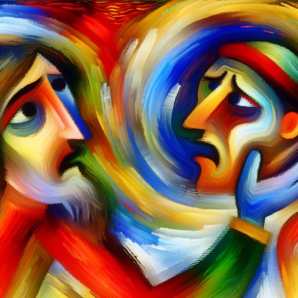 Abstract schilderij van twee figuren die medeleven tonen, met expressieve gezichten en levendige kleuren in de stijl van Karel Appel