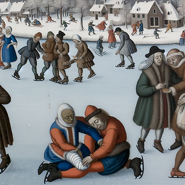 Historische wintertafereel met een persoon die medeleven toont aan iemand met een blessure op een bevroren kanaal, omringd door schaatsers en winteractiviteiten