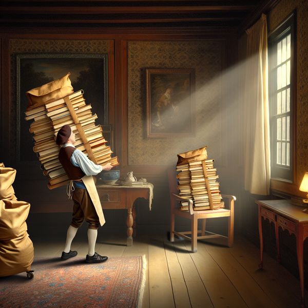 Medewerker draagt tassen met boeken in sfeervolle kamer Een medewerker draagt zorgzaam een stapel handgemaakte tassen gevuld met boeken in een sfeervolle kamer.