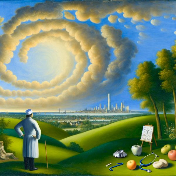 Medische professional in serene natuur met stedelijk uitzicht Een medische professional op een groene heuvel met uitzicht op een stad, omgeven door symbolen van de geneeskunde.