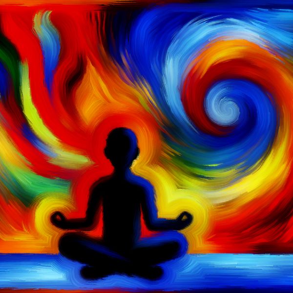 Mediteren voor Stressverlichting en Ontspanning Abstracte afbeelding van een persoon in een meditieve houding omringd door kleurrijke energie-achtige zwemen, wat ontspanning en stressverlichting symboliseert