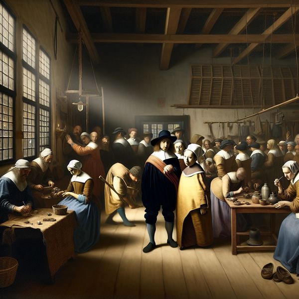 17e-eeuwse Nederlandse werkplaats met arbeiders die al dan niet meedoen aan een collectieve actie, in de stijl van Vermeer