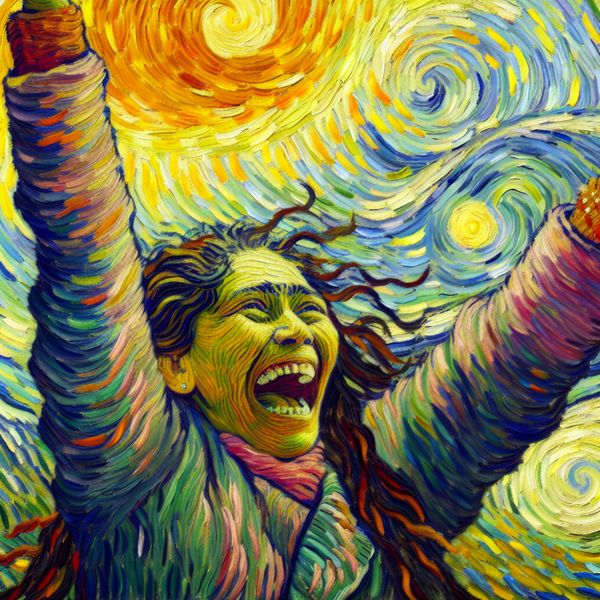 Emotie meer dan ooit uitgedrukt in Van Gogh schilderstijl voor taalvergelijkingen Vrolijke persoon met intense emotie in Van Gogh-stijl, symbool voor 'meer dan ooit' in taalvergelijkingen