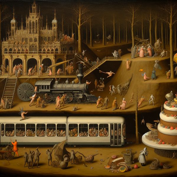 Meerderheid en minderheid in surrealistisch tafereel voor taalonderwijs Surrealistische voorstelling van een meerderheid die een grote, versierde trein betreedt, terwijl een minderheid bij een eenvoudige bus staat, met een half opgegeten taart op de voorgrond