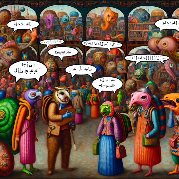 Surrealistische afbeelding van een kleurrijk geklede figuur die praat met verschillende wezens op een druk meertalig markt. De wezens, waaronder een uil met een bril, een schildpad met een rugzak, en een draak met een notitieboek, dragen spraakballonnen in diverse schriftsoorten.