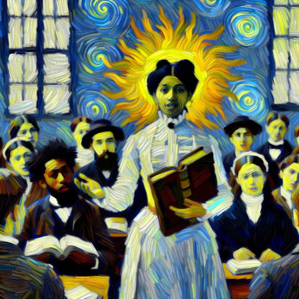 Overtreffende trap in onderwijs: meest ervaren lerares in Van Gogh-stijl schilderij Expressieve Van Gogh-stijl klaslokaal met ervaren lerares in het midden, omringd door andere docenten, die de overtreffende trap uitbeeldt