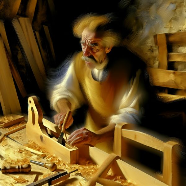 Meester-timmerman aan het werk: traditioneel ambacht en vakmanschap in schilderijstijl van Frans Hals Oude meester-timmerman aan het werk in zijn ambachtelijke werkplaats met houten stoel en gereedschap