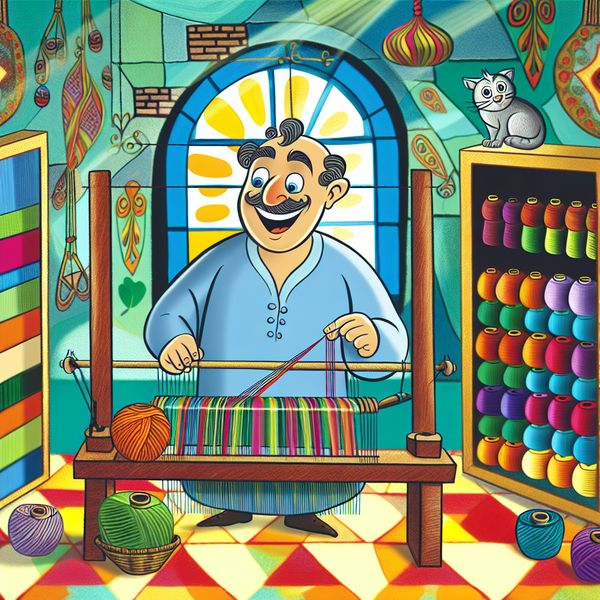 Master Weaver in Vibrant Textile Workshop Een levendige cartoon van een meesterwever die met kleurrijke garens werkt op een groot weefgetouw in een textielwerkplaats.