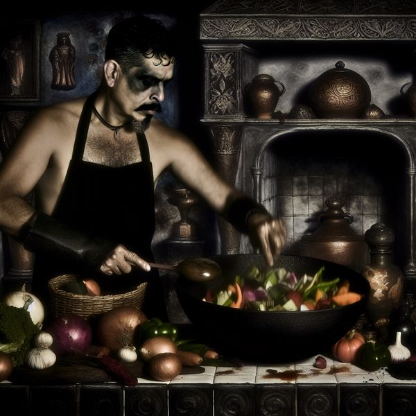 Een meesterkok in een donker verlichte keuken, bezig met het samenstellen van een uniek gerecht met kleurrijke ingrediënten.