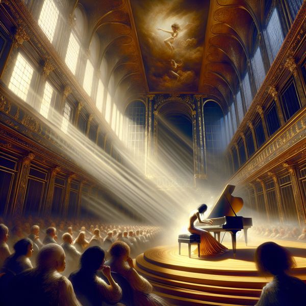 Meesterschap in muziek: betoverende pianovoorstelling in klassieke concertzaal Pianist in concertzaal met gouden licht, omringd door betoverd publiek, toont meesterschap in muziek tijdens dramatisch landschap in stijl van Jacob van Ruisdael