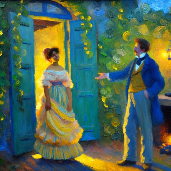 Affectionate scène: man noemt zijn partner 'meid' in Van Gogh-stijl schilderij Intiem tafereel in Van Gogh-stijl van een man en zijn vrouwelijke partner bij een feestelijke ingang, genegenheid uitstralend met warme kleuren en expressieve penseelstreken