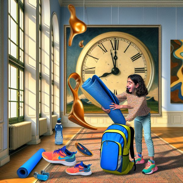 Enthousiast meisje pakt gymspullen in voor school Een jonge meisje pakt enthousiast haar gymspullen in een stijlvolle rugzak in een lichte kamer.