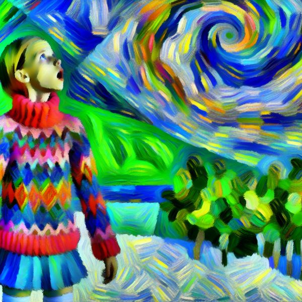 Meisje met kleurrijke sweater leert waarnemen Jongetje met een groot, kleurrijk sweater die naar de lucht kijkt op een koude dag.