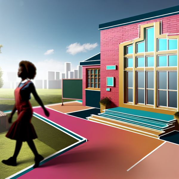 Retro-futuristisch Schoolscene: Beweging naar de Toekomst Meisje loopt naar schoolgebouw met retro-futuristische stijl