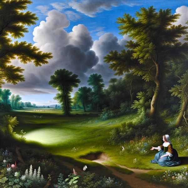 Kind speelt met denkbeeldig vriendje in schilderachtig Nederlands landschap Jong meisje in een 17e-eeuws Nederlands landschap, spelend met haar denkbeeldige vriendje in een zonnige weide vol wilde bloemen en hoge bomen