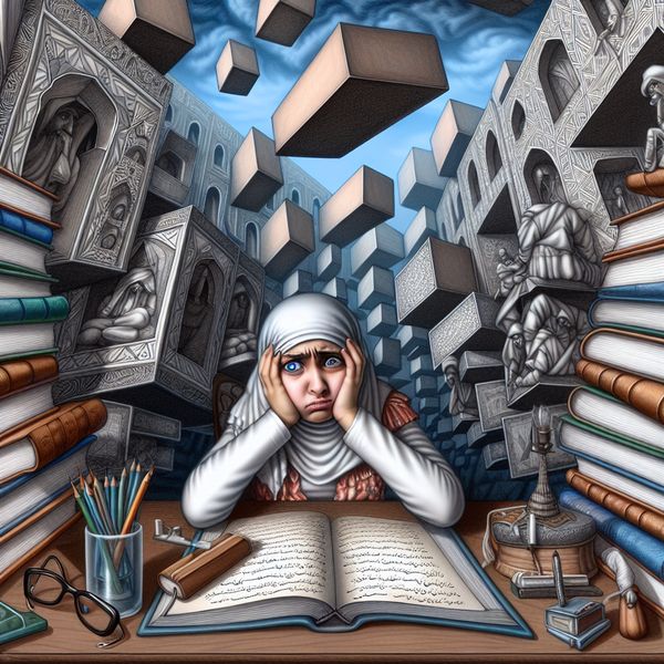 Surrealistisch beeld van een meisje onder druk van school en ouders Een jong meisje zit aan een bureau, omringd door hoge boeken en schoolbenodigdheden die op haar neerdalen, wat de druk symboliseert die ze voelt van haar ouders.