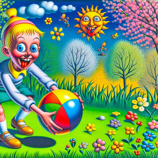 Een meisje pakt een kleurrijke bal op in een vrolijk park Een jonge meid met een speelse uitdrukking pakt een kleurrijke bal op in een zonnig park met vrolijke bomen en bloemen.