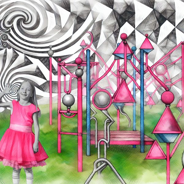 jong meisje in roze jurk speelt in een Escher-geïnspireerde speeltuin