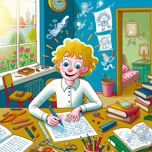 Creatieve schrijfscene met een jong meisje en schoolmaterialen Een jonge meisje schrijft haar huiswerk met een blauwe pen op een bureau vol schoolspullen.